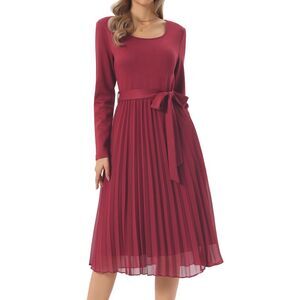 Women's Pleated Dress A Line Flowy Casual Long Sleeve Midi Dress w Belt Wine Red